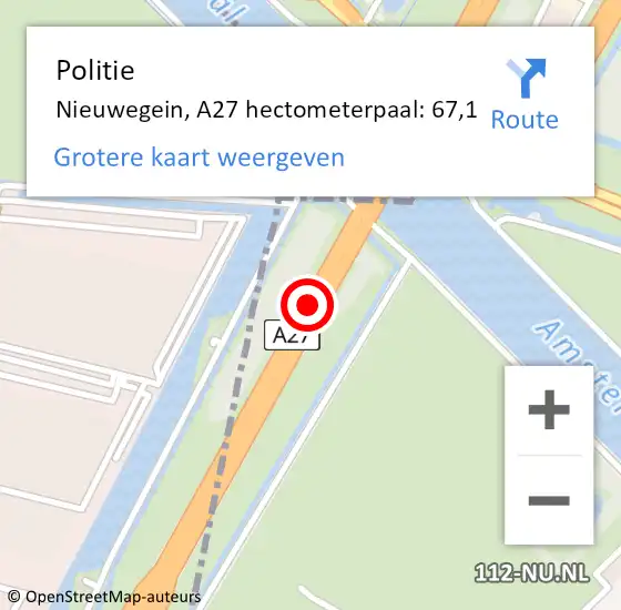Locatie op kaart van de 112 melding: Politie Nieuwegein, A27 hectometerpaal: 67,1 op 25 december 2023 03:32