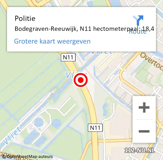 Locatie op kaart van de 112 melding: Politie Bodegraven-Reeuwijk, N11 hectometerpaal: 18,4 op 25 december 2023 14:36