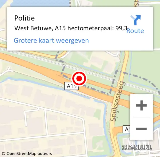 Locatie op kaart van de 112 melding: Politie West Betuwe, A15 hectometerpaal: 99,3 op 25 december 2023 19:16