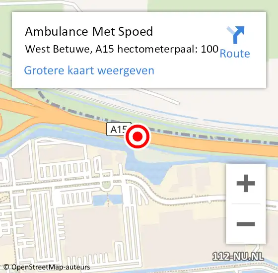 Locatie op kaart van de 112 melding: Ambulance Met Spoed Naar West Betuwe, A15 hectometerpaal: 100 op 25 december 2023 19:17