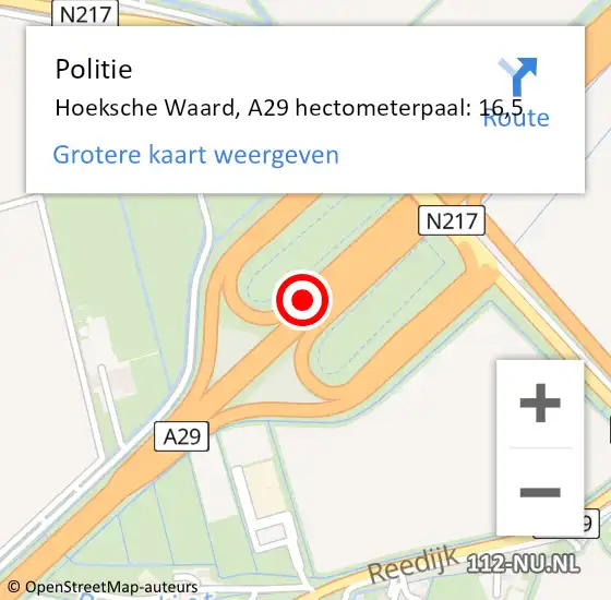 Locatie op kaart van de 112 melding: Politie Hoeksche Waard, A29 hectometerpaal: 16,5 op 26 december 2023 01:23