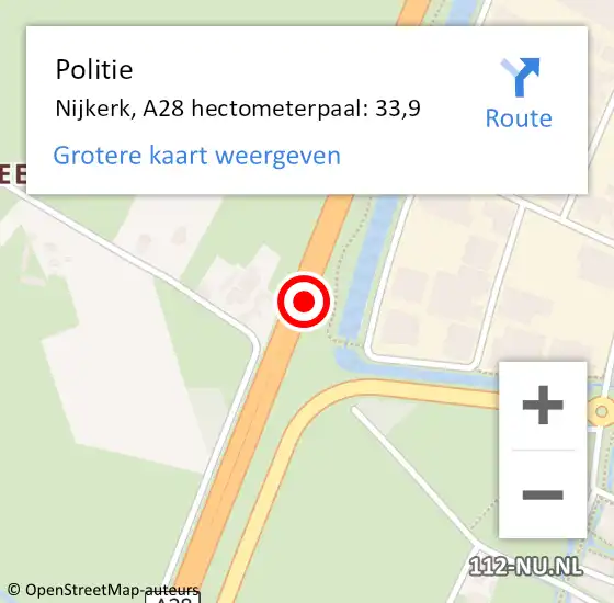 Locatie op kaart van de 112 melding: Politie Nijkerk, A28 hectometerpaal: 33,9 op 26 december 2023 02:05