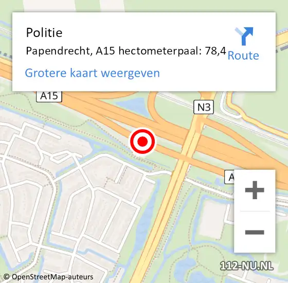 Locatie op kaart van de 112 melding: Politie Papendrecht, A15 hectometerpaal: 78,4 op 26 december 2023 04:47