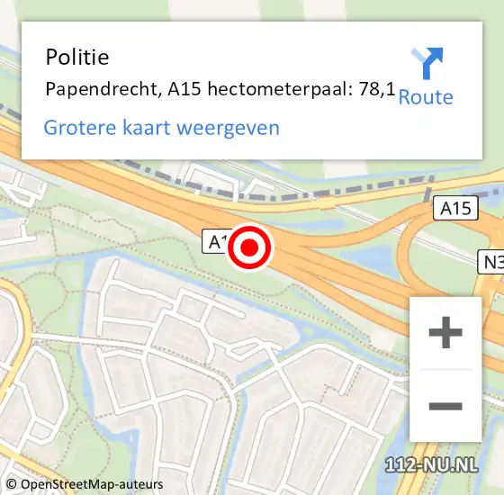 Locatie op kaart van de 112 melding: Politie Papendrecht, A15 hectometerpaal: 78,1 op 26 december 2023 04:47