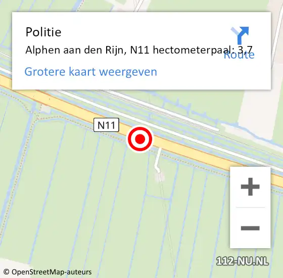 Locatie op kaart van de 112 melding: Politie Alphen aan den Rijn, N11 hectometerpaal: 3,7 op 26 december 2023 05:47