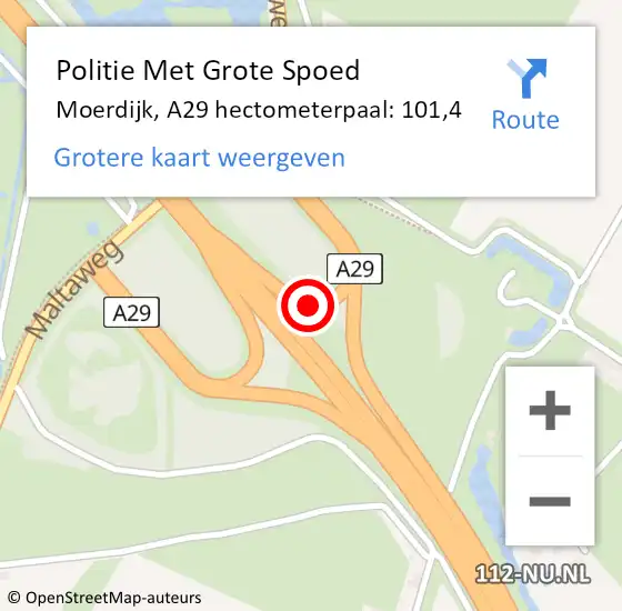 Locatie op kaart van de 112 melding: Politie Met Grote Spoed Naar Moerdijk, A29 hectometerpaal: 101,4 op 26 december 2023 08:41