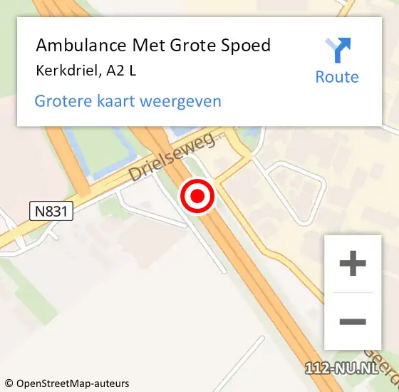 Locatie op kaart van de 112 melding: Ambulance Met Grote Spoed Naar Kerkdriel, A2 R hectometerpaal: 107,3 op 19 september 2014 18:50