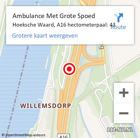 Locatie op kaart van de 112 melding: Ambulance Met Grote Spoed Naar Hoeksche Waard, A16 hectometerpaal: 43 op 26 december 2023 13:26