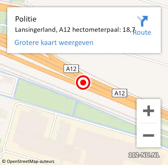 Locatie op kaart van de 112 melding: Politie Lansingerland, A12 hectometerpaal: 18,7 op 26 december 2023 14:11