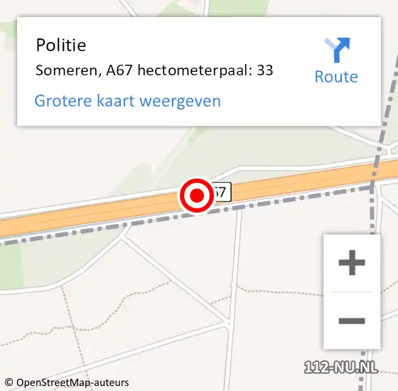 Locatie op kaart van de 112 melding: Politie Someren, A67 hectometerpaal: 33 op 26 december 2023 18:33