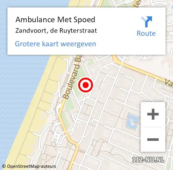 Locatie op kaart van de 112 melding: Ambulance Met Spoed Naar Zandvoort, de Ruyterstraat op 26 december 2023 20:11