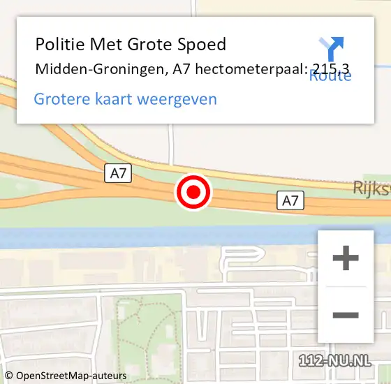 Locatie op kaart van de 112 melding: Politie Met Grote Spoed Naar Midden-Groningen, A7 hectometerpaal: 215,3 op 26 december 2023 20:24