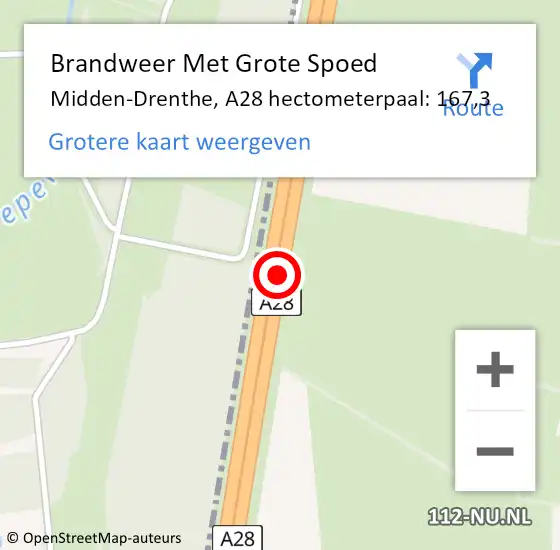 Locatie op kaart van de 112 melding: Brandweer Met Grote Spoed Naar Midden-Drenthe, A28 hectometerpaal: 167,3 op 26 december 2023 22:26