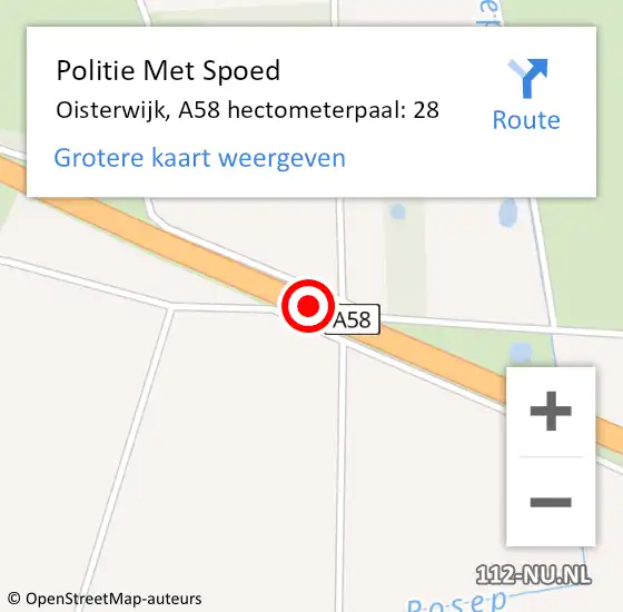Locatie op kaart van de 112 melding: Politie Met Spoed Naar Oisterwijk, A58 hectometerpaal: 28 op 26 december 2023 23:11