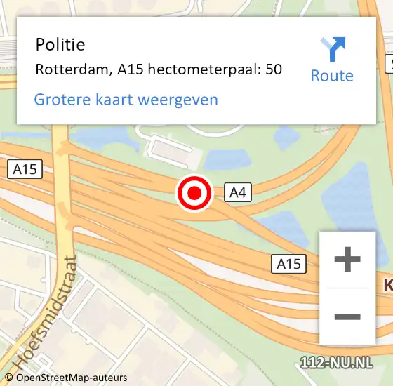 Locatie op kaart van de 112 melding: Politie Rotterdam, A15 hectometerpaal: 50 op 26 december 2023 23:29