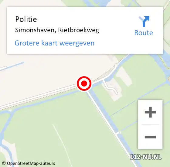 Locatie op kaart van de 112 melding: Politie Simonshaven, Rietbroekweg op 26 december 2023 23:43