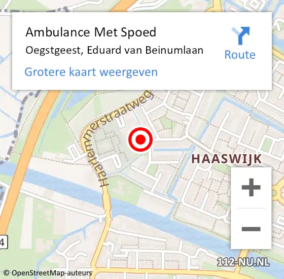 Locatie op kaart van de 112 melding: Ambulance Met Spoed Naar Oegstgeest, Eduard van Beinumlaan op 27 december 2023 05:27