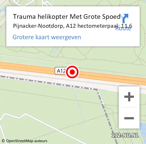 Locatie op kaart van de 112 melding: Trauma helikopter Met Grote Spoed Naar Pijnacker-Nootdorp, A12 hectometerpaal: 11,6 op 27 december 2023 10:58