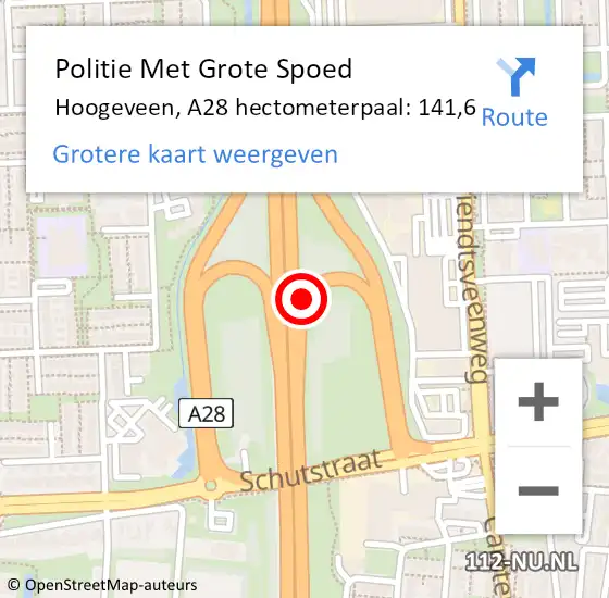 Locatie op kaart van de 112 melding: Politie Met Grote Spoed Naar Hoogeveen, A28 hectometerpaal: 141,6 op 27 december 2023 11:31