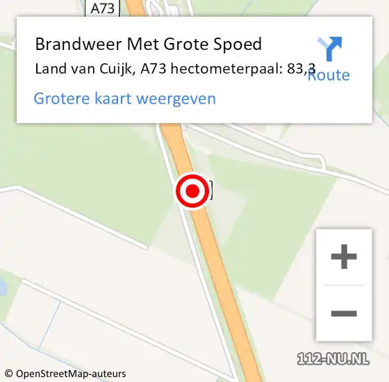 Locatie op kaart van de 112 melding: Brandweer Met Grote Spoed Naar Land van Cuijk, A73 hectometerpaal: 83,3 op 27 december 2023 11:47