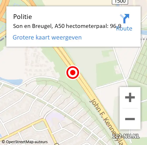 Locatie op kaart van de 112 melding: Politie Son en Breugel, A50 hectometerpaal: 96,9 op 27 december 2023 13:02