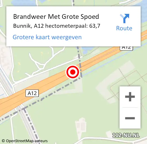 Locatie op kaart van de 112 melding: Brandweer Met Grote Spoed Naar Bunnik, A12 hectometerpaal: 63,7 op 27 december 2023 13:28