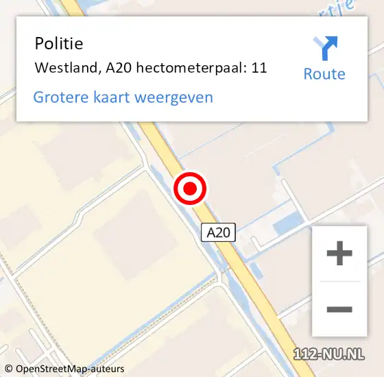 Locatie op kaart van de 112 melding: Politie Westland, A20 hectometerpaal: 11 op 27 december 2023 13:41