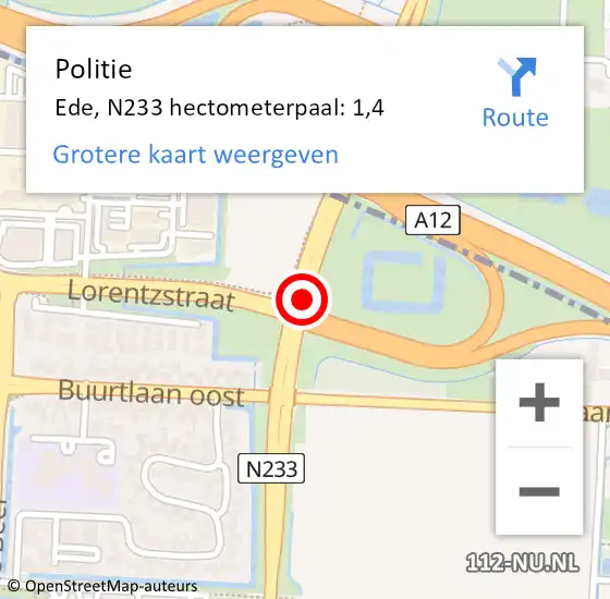 Locatie op kaart van de 112 melding: Politie Ede, N233 hectometerpaal: 1,4 op 27 december 2023 14:12