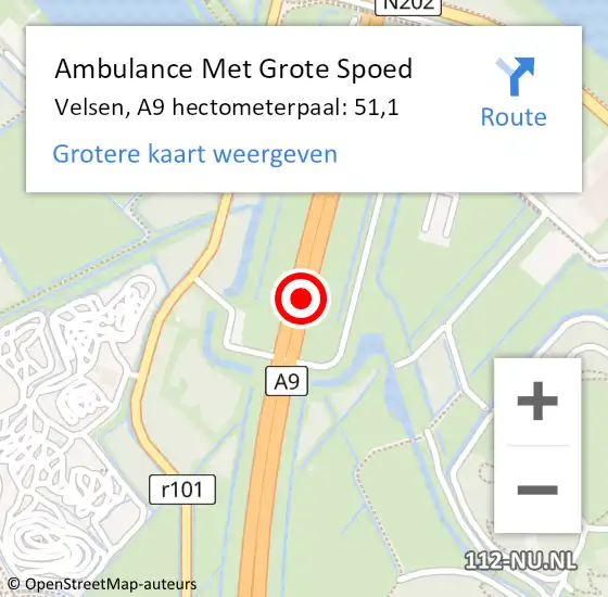 Locatie op kaart van de 112 melding: Ambulance Met Grote Spoed Naar Velsen, A9 hectometerpaal: 51,1 op 27 december 2023 14:37