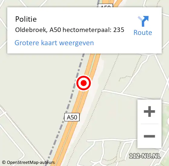 Locatie op kaart van de 112 melding: Politie Oldebroek, A50 hectometerpaal: 235 op 27 december 2023 14:53