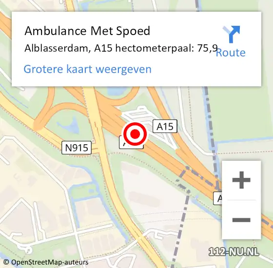 Locatie op kaart van de 112 melding: Ambulance Met Spoed Naar Alblasserdam, A15 hectometerpaal: 75,9 op 27 december 2023 15:01