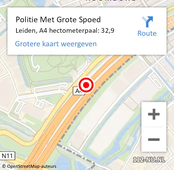Locatie op kaart van de 112 melding: Politie Met Grote Spoed Naar Leiden, A4 hectometerpaal: 32,9 op 27 december 2023 15:26