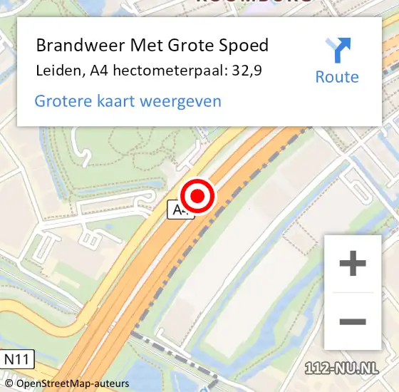 Locatie op kaart van de 112 melding: Brandweer Met Grote Spoed Naar Leiden, A4 hectometerpaal: 32,9 op 27 december 2023 15:26