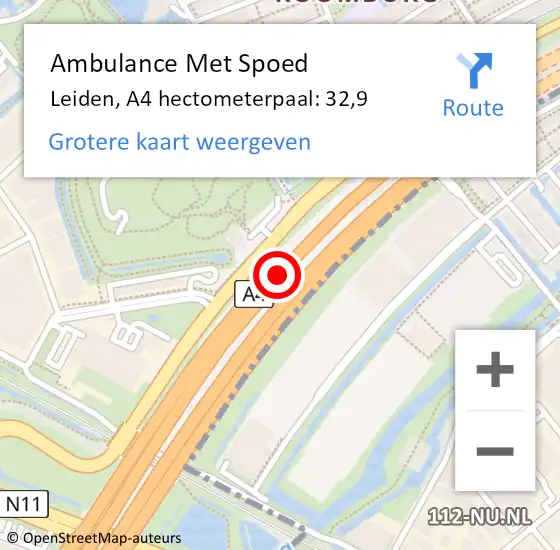 Locatie op kaart van de 112 melding: Ambulance Met Spoed Naar Leiden, A4 hectometerpaal: 32,9 op 27 december 2023 15:41