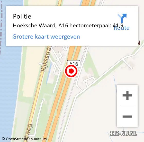Locatie op kaart van de 112 melding: Politie Hoeksche Waard, A16 hectometerpaal: 41,9 op 27 december 2023 17:12