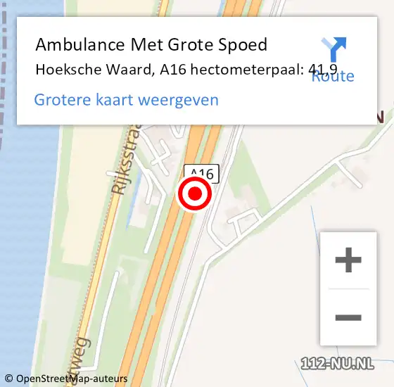 Locatie op kaart van de 112 melding: Ambulance Met Grote Spoed Naar Hoeksche Waard, A16 hectometerpaal: 41,9 op 27 december 2023 17:13