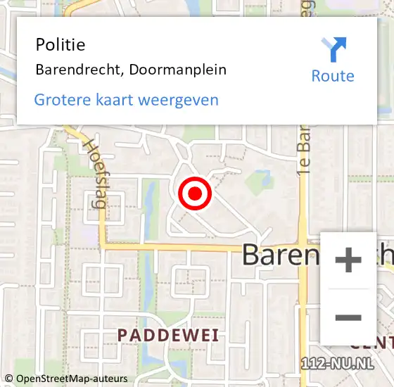 Locatie op kaart van de 112 melding: Politie Barendrecht, Doormanplein op 27 december 2023 18:07