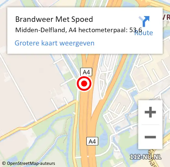 Locatie op kaart van de 112 melding: Brandweer Met Spoed Naar Midden-Delfland, A4 hectometerpaal: 53,6 op 27 december 2023 18:56