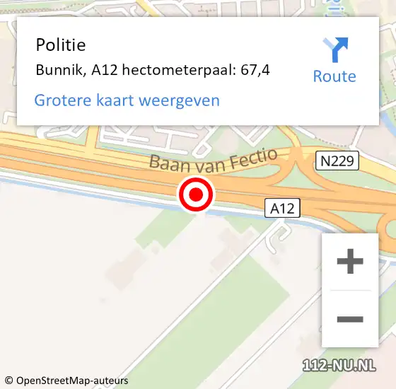 Locatie op kaart van de 112 melding: Politie Bunnik, A12 hectometerpaal: 67,4 op 27 december 2023 19:19