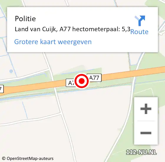 Locatie op kaart van de 112 melding: Politie Land van Cuijk, A77 hectometerpaal: 5,3 op 27 december 2023 19:28
