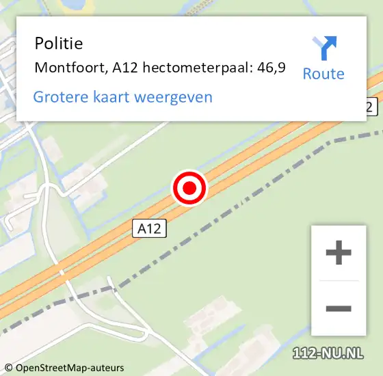 Locatie op kaart van de 112 melding: Politie Montfoort, A12 hectometerpaal: 46,9 op 28 december 2023 08:12