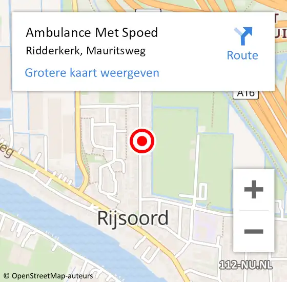 Locatie op kaart van de 112 melding: Ambulance Met Spoed Naar Ridderkerk, Mauritsweg op 28 december 2023 11:11