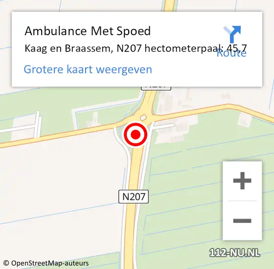 Locatie op kaart van de 112 melding: Ambulance Met Spoed Naar Kaag en Braassem, N207 hectometerpaal: 45,7 op 28 december 2023 11:29