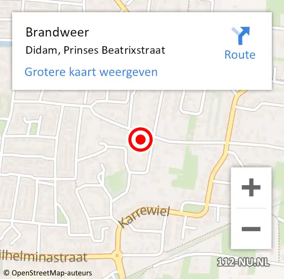 Locatie op kaart van de 112 melding: Brandweer Didam, Prinses Beatrixstraat op 28 december 2023 13:12