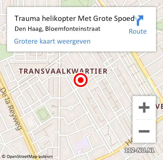 Locatie op kaart van de 112 melding: Trauma helikopter Met Grote Spoed Naar Den Haag, Bloemfonteinstraat op 29 december 2023 02:08