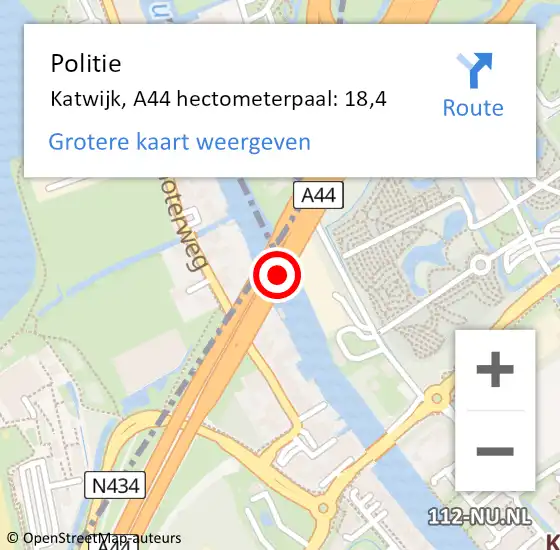 Locatie op kaart van de 112 melding: Politie Katwijk, A44 hectometerpaal: 18,4 op 29 december 2023 04:28