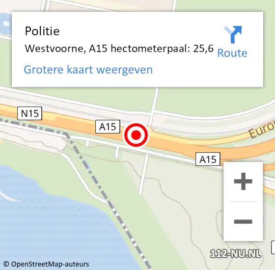 Locatie op kaart van de 112 melding: Politie Westvoorne, A15 hectometerpaal: 25,6 op 29 december 2023 06:22