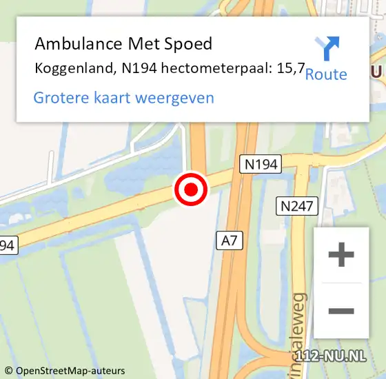 Locatie op kaart van de 112 melding: Ambulance Met Spoed Naar Koggenland, N194 hectometerpaal: 15,7 op 29 december 2023 07:08