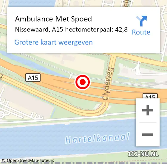 Locatie op kaart van de 112 melding: Ambulance Met Spoed Naar Nissewaard, A15 hectometerpaal: 42,8 op 29 december 2023 07:33