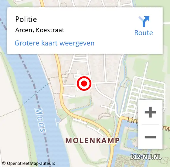 Locatie op kaart van de 112 melding: Politie Arcen, Koestraat op 29 december 2023 11:43